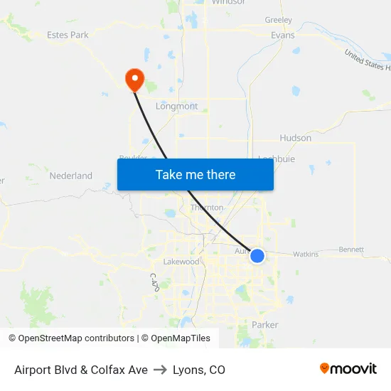 Airport Blvd & Colfax Ave to Lyons, CO map