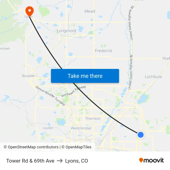 Tower Rd & 69th Ave to Lyons, CO map