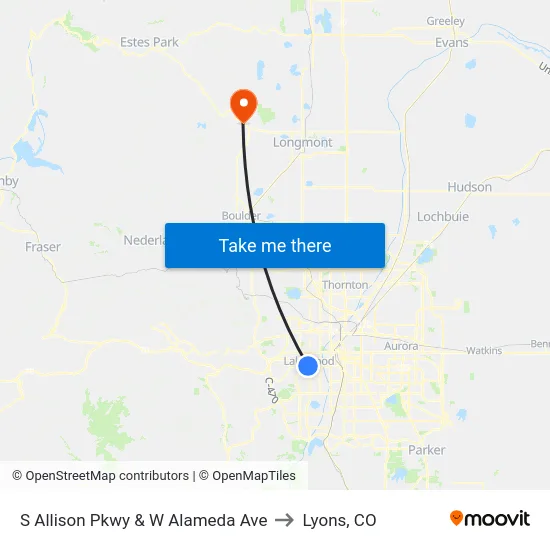 S Allison Pkwy & W Alameda Ave to Lyons, CO map