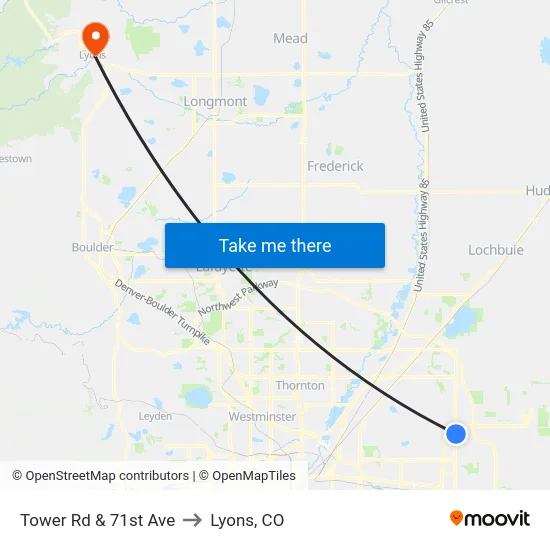 Tower Rd & 71st Ave to Lyons, CO map