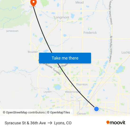 Syracuse St & 36th Ave to Lyons, CO map