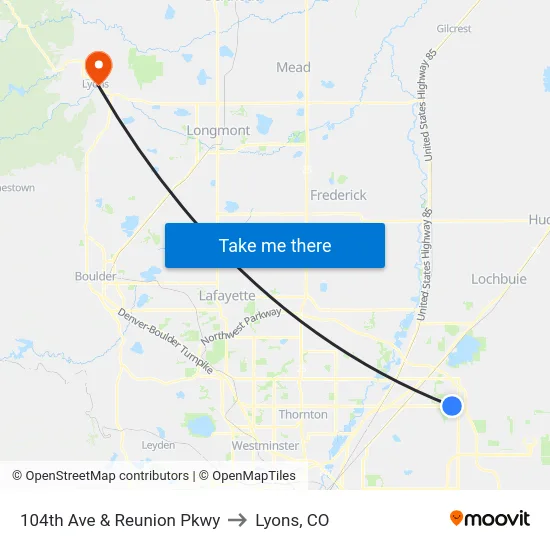 104th Ave & Reunion Pkwy to Lyons, CO map
