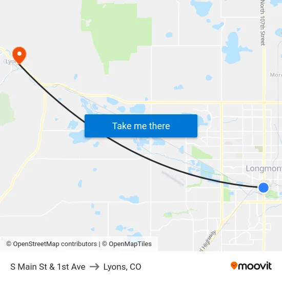 S Main St & 1st Ave to Lyons, CO map