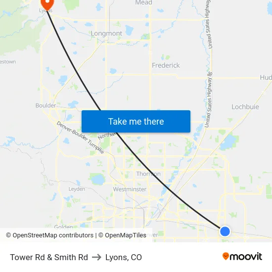 Tower Rd & Smith Rd to Lyons, CO map