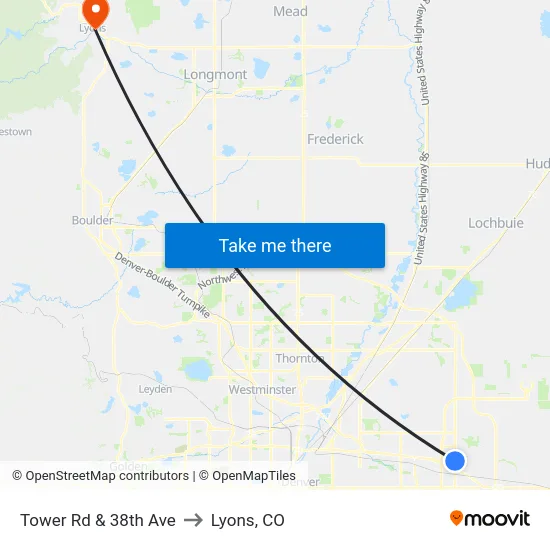 Tower Rd & 38th Ave to Lyons, CO map