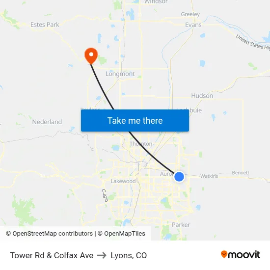 Tower Rd & Colfax Ave to Lyons, CO map