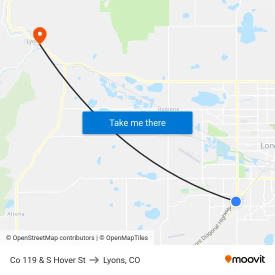 Co 119 & S Hover St to Lyons, CO map