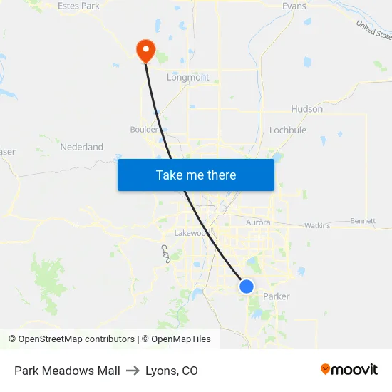 Park Meadows Mall to Lyons, CO map