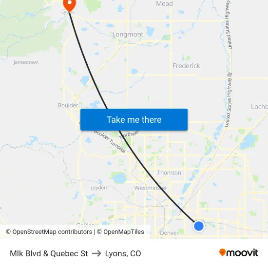 Mlk Blvd & Quebec St to Lyons, CO map