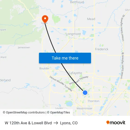 W 120th Ave & Lowell Blvd to Lyons, CO map