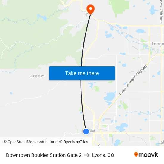 Downtown Boulder Station Gate 2 to Lyons, CO map
