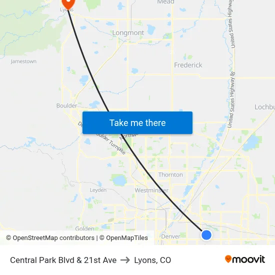 Central Park Blvd & 21st Ave to Lyons, CO map