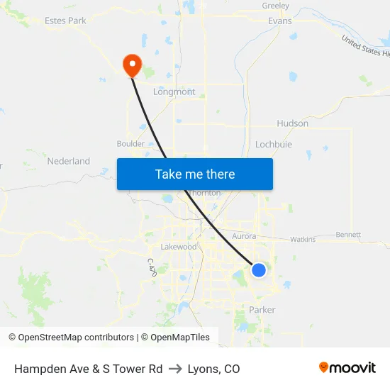 Hampden Ave & S Tower Rd to Lyons, CO map
