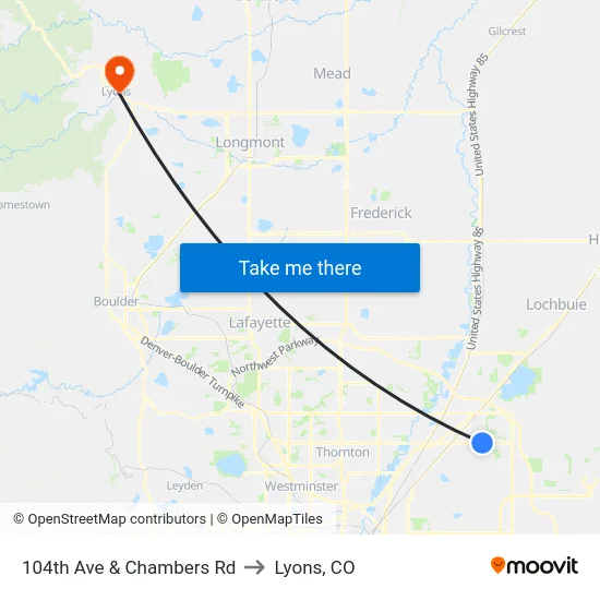 104th Ave & Chambers Rd to Lyons, CO map