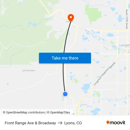 Front Range Ave & Broadway to Lyons, CO map