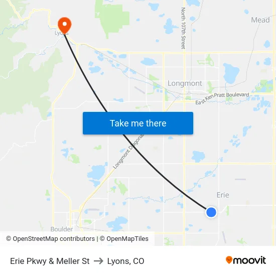Erie Pkwy & Meller St to Lyons, CO map