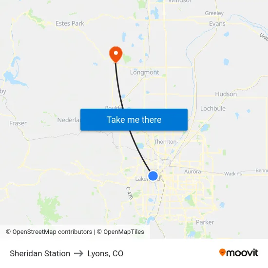 Sheridan Station to Lyons, CO map