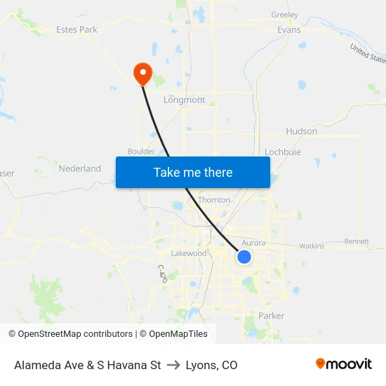 Alameda Ave & S Havana St to Lyons, CO map