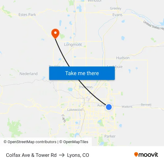 Colfax Ave & Tower Rd to Lyons, CO map