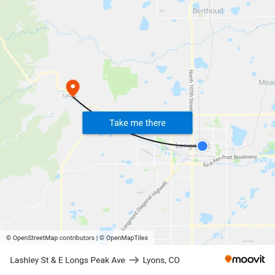 Lashley St & E Longs Peak Ave to Lyons, CO map