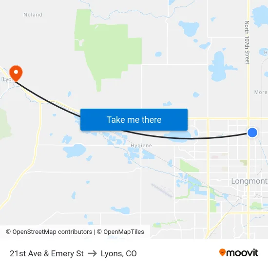 21st Ave & Emery St to Lyons, CO map
