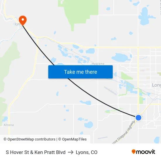 S Hover St & Ken Pratt Blvd to Lyons, CO map