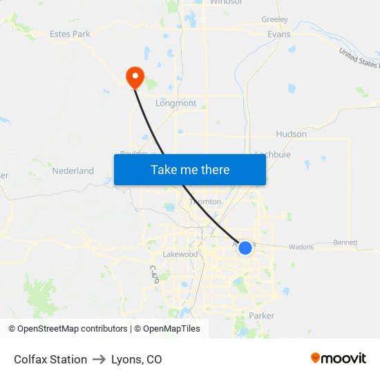 Colfax Station to Lyons, CO map