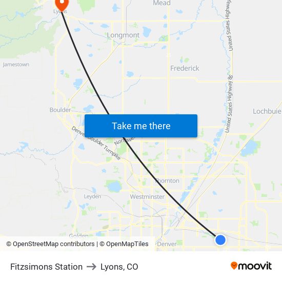 Fitzsimons Station to Lyons, CO map