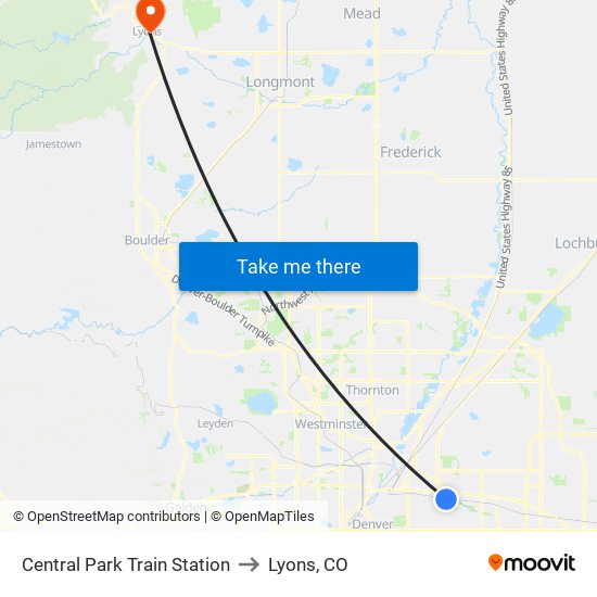 Central Park Train Station to Lyons, CO map