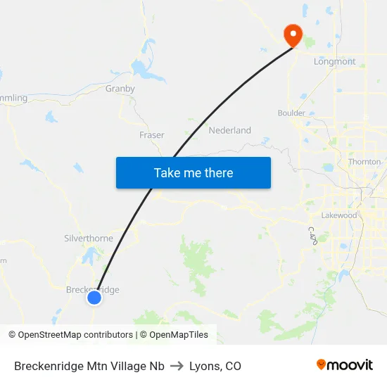 Breckenridge Mtn Village Nb to Lyons, CO map