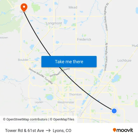 Tower Rd & 61st Ave to Lyons, CO map