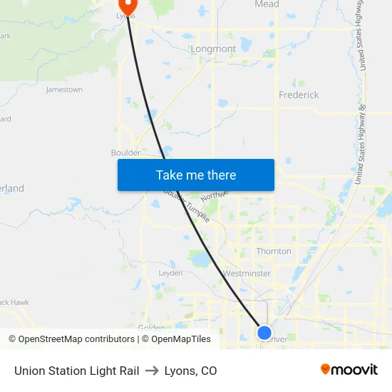 Union Station Light Rail to Lyons, CO map
