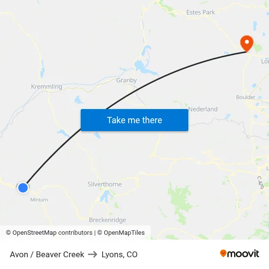 Avon / Beaver Creek to Lyons, CO map