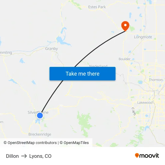Dillon to Lyons, CO map