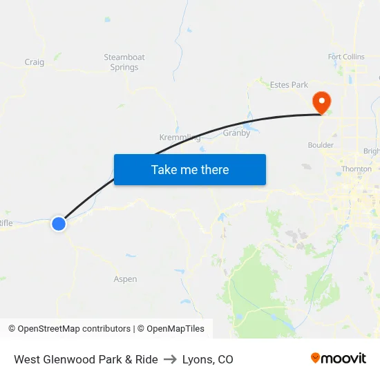 West Glenwood Park & Ride to Lyons, CO map