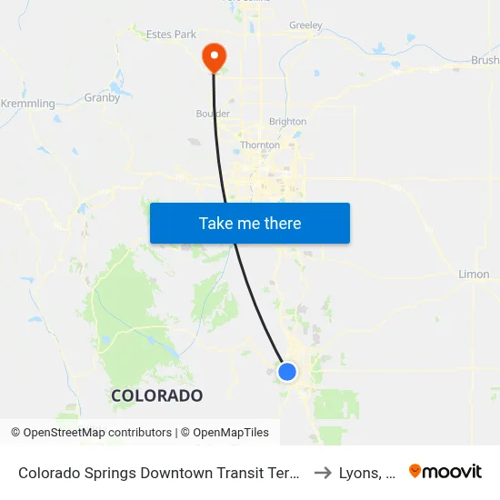 Colorado Springs Downtown Transit Terminal to Lyons, CO map