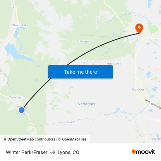 Winter Park/Fraser to Lyons, CO map