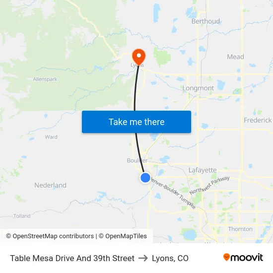 Table Mesa Drive And 39th Street to Lyons, CO map