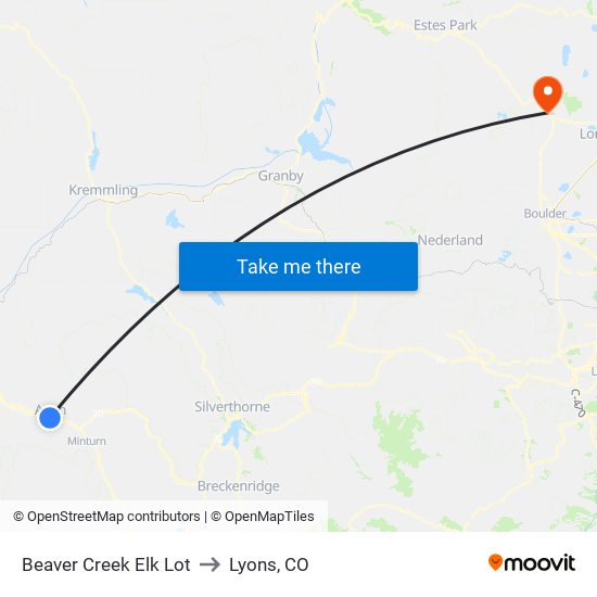 Beaver Creek Elk Lot to Lyons, CO map