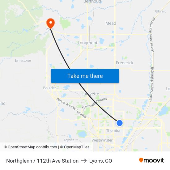 Northglenn / 112th Ave Station to Lyons, CO map