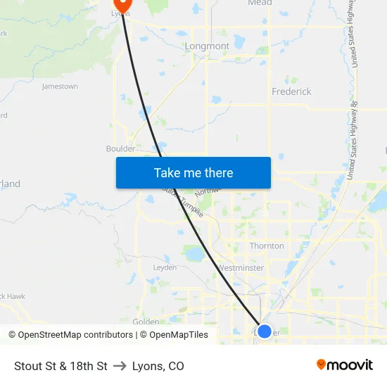 Stout St & 18th St to Lyons, CO map