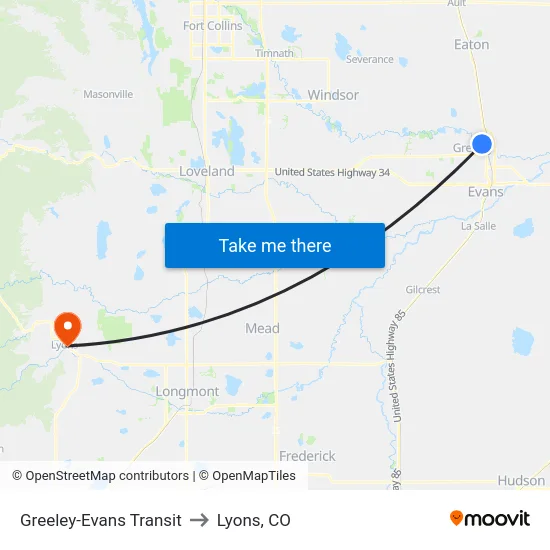 Greeley-Evans Transit to Lyons, CO map