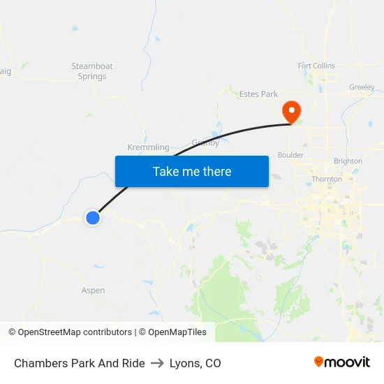 Chambers Park And Ride to Lyons, CO map
