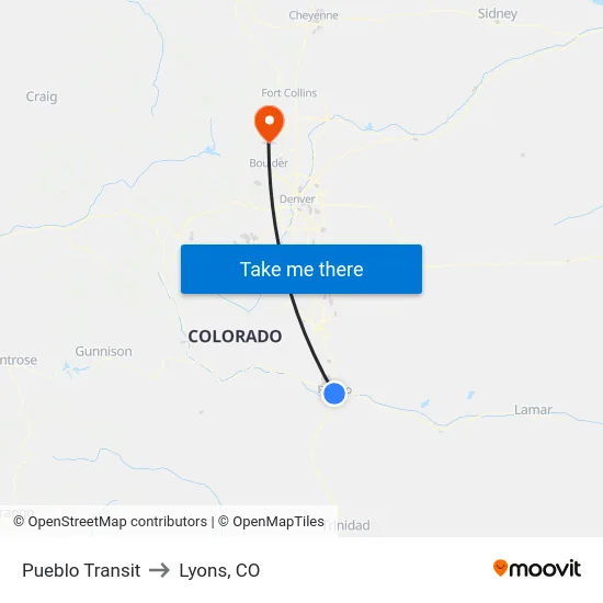 Pueblo Transit to Lyons, CO map
