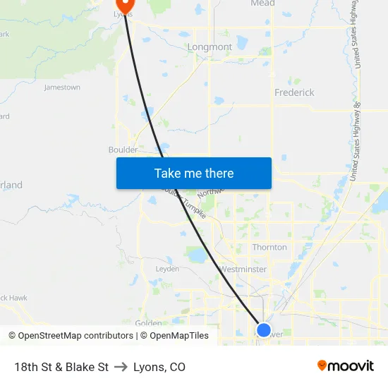 18th St & Blake St to Lyons, CO map