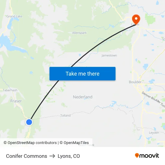 Conifer Commons to Lyons, CO map