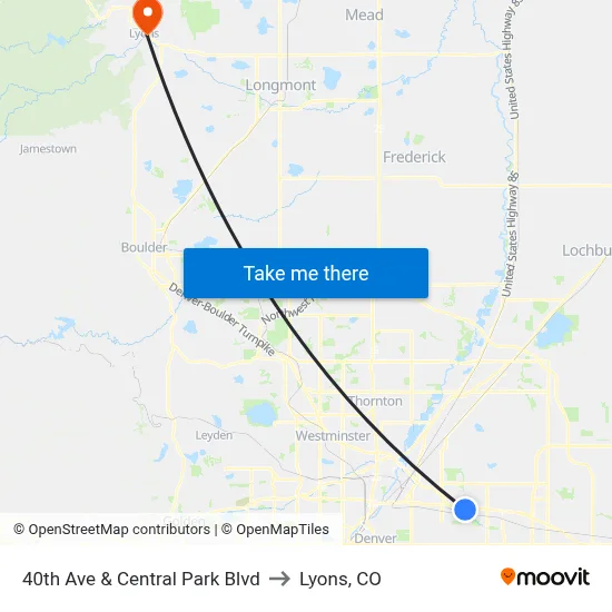 40th Ave & Central Park Blvd to Lyons, CO map