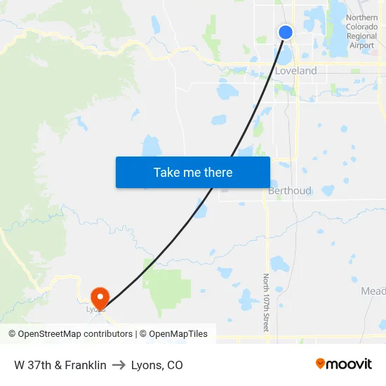 W 37th & Franklin to Lyons, CO map