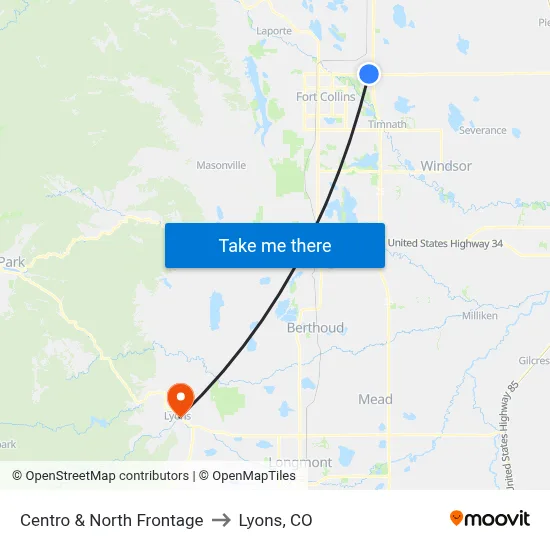 Centro & North Frontage to Lyons, CO map