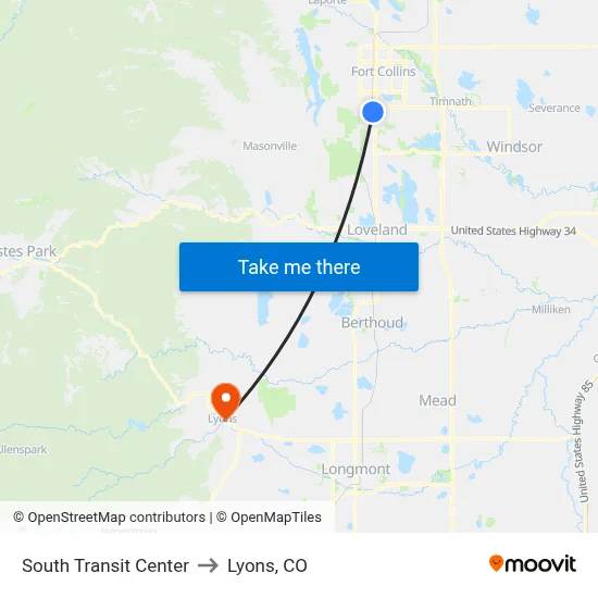 South Transit Center to Lyons, CO map
